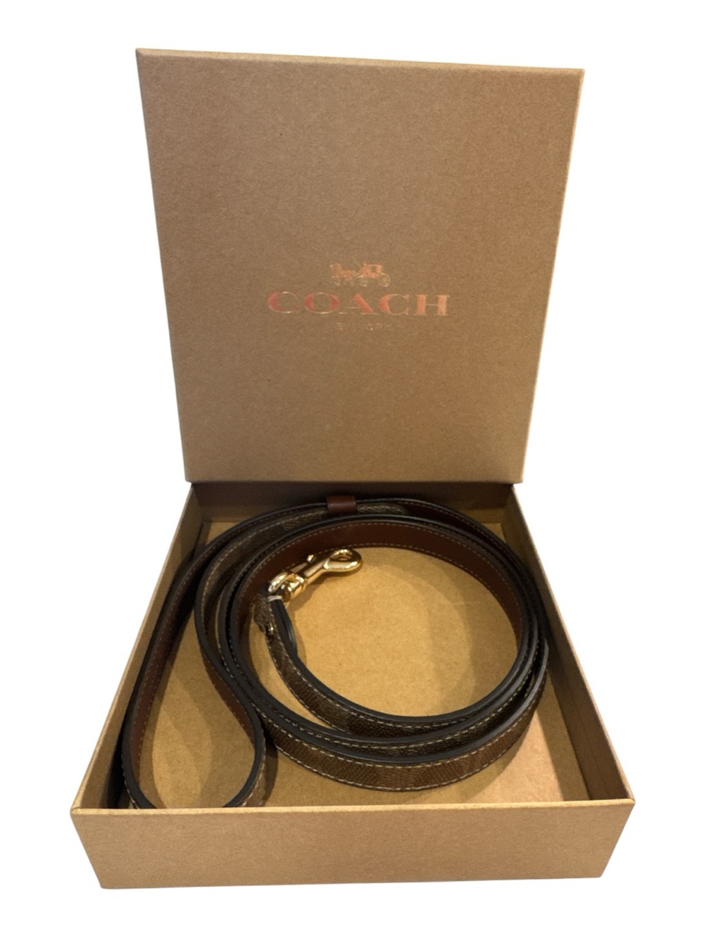 Coach Boxed Pet Leash in Signature Brown Canvas with Gold Hardware